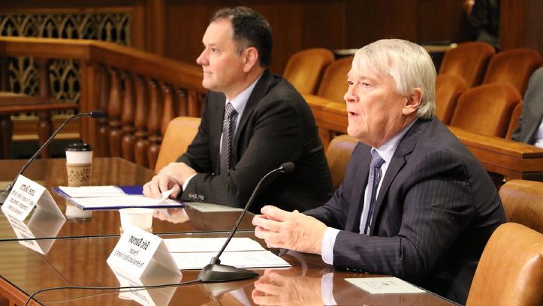 Penn State President Eric Barron and James Delattre address lawmakers at the state Capitol in Harrisburg. 